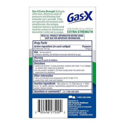 Gas-X, Simethicone Antigas Softgels Extra Strength, 125 Mg, 20 Tabs Gas-X