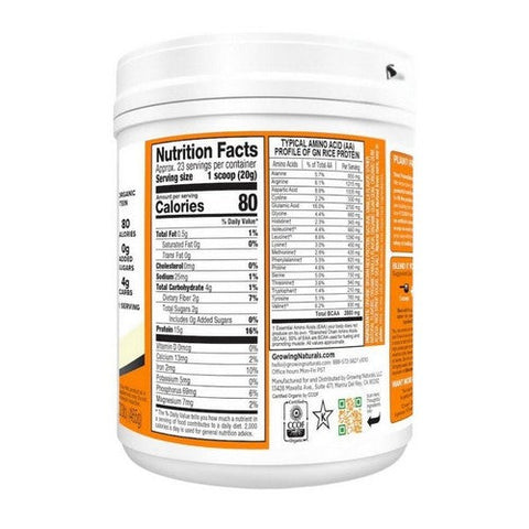 Growing Naturals, Organic Rice Protein Powder Vanilla Blast, 16.4 Oz Growing Naturals
