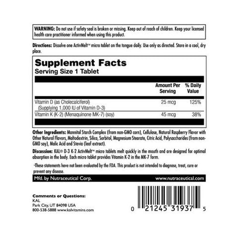 Kal, D-3 K-2 ActivMelt, 1,000 IU, Red Raspberry 60 Tabs Kal