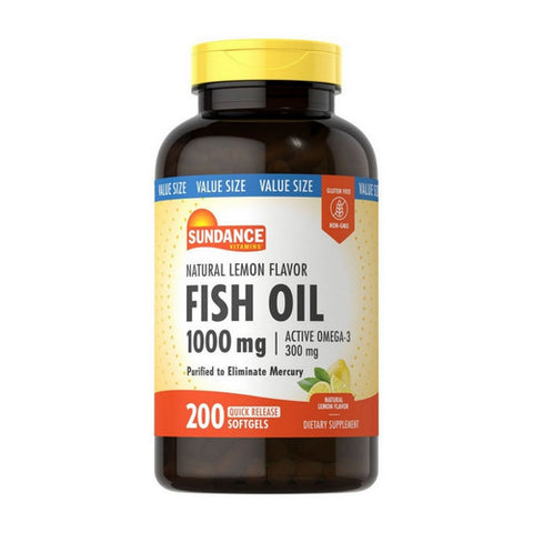 Sundance, Fish Oil Omega-3 Coated Softgels Odorless Natural Lemon, 1000 Mg, 200 Caps Sundance