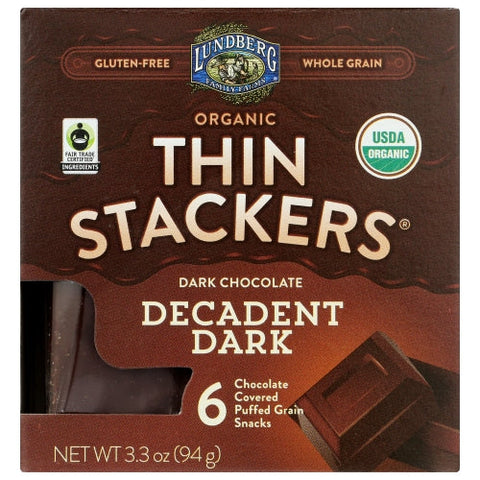 Lundberg, Organic Thin Crackers Dark Cocolate DecaDent Dark, 3.3 Oz(Case Of 6) Lundberg
