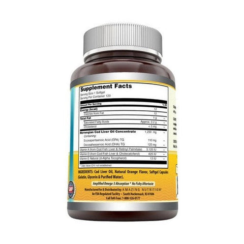 Amazing Nutrition, Amazing Omega Norwegian Cod Liver Oil Orange, 1250 mg, 120 Softgels