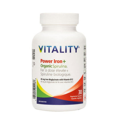 Vitality, Power Iron Plus Spirulina, 45 Mg, 30 VegCaps Vitality