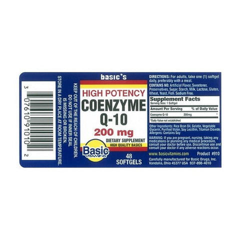 Basic Vitamins, Coenzyme Q-10 Softgels, 200 Mg, 48 Caps Basic Vitamins