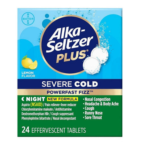 Alka-Seltzer, Plus Severe Cold Night Powerfast Fizz Effervescent Tablets Lemon, 24 Tabs Alka-Seltzer