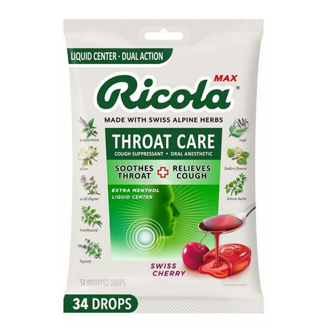 Ricola, Max Throat Care Cough Suppressant Oral Anesthetic Drops Swiss Cherry, 34 Count