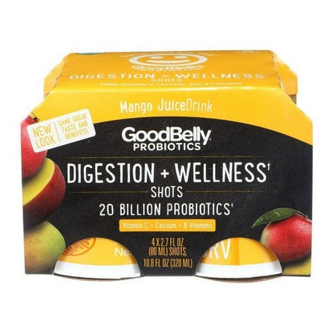 Good Belly, Probiotics Plus Shot With Vitamins And Calcium Mango Juice Drink, 2.7 Oz X 4 Count (Case Of 6) Good Belly