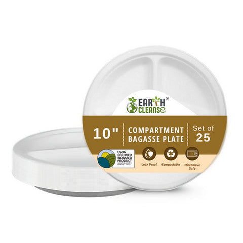 Earth Cleanse, Bagasse 10-Inch 3-Compartment Round Plates, Pack of 25 Earth Cleanse