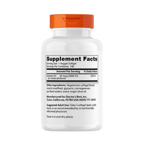 Doctors Best, Vitamin D3, 50 Mcg (2,000 IU), 180 Veggie Softgels Doctors Best