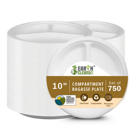 Earth Cleanse, 10" Round 3 Compartment Round Bagasse Plate Premium, 750 Pack Earth Cleanse