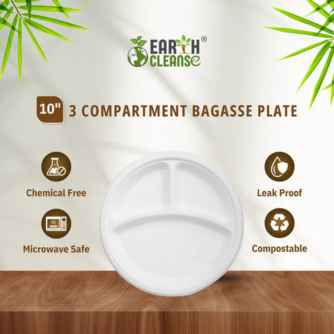 Earth Cleanse, 10" Round 3 Compartment Round Bagasse Plate Premium, 750 Pack Earth Cleanse