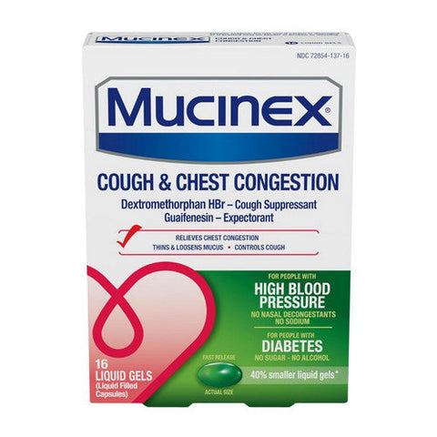 Mucinex, High Blood Pressure Cough And Chest Medicine Liquid Gels, 16 Count Mucinex
