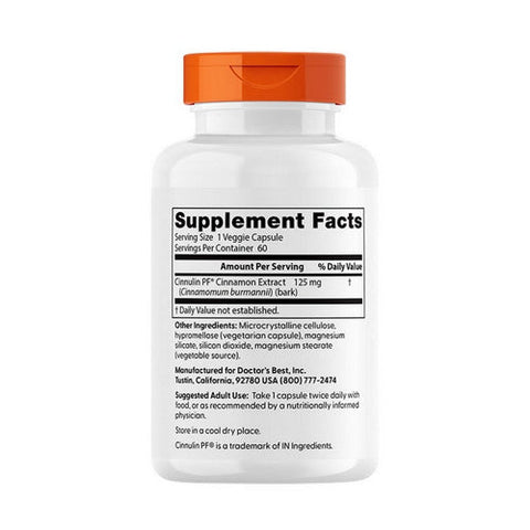 Doctors Best, Cinnamon Extract With Cinnulin PF, 125 Mg, 60 Veggie Caps Doctors Best