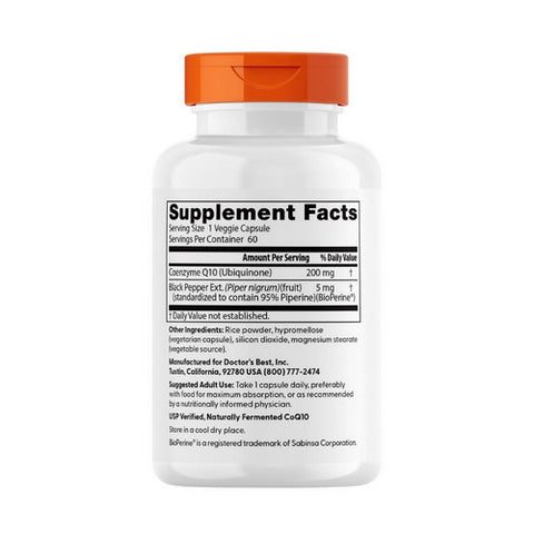 Doctors Best, High Absorption CoQ10 With BioPerine, 200 mg, 60 Veggie Caps Doctors Best